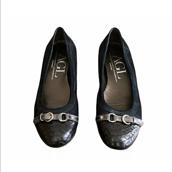 AGL Attilio Giusti Leombruni Metallic Navy Blue Ballet Flats Snakeskin Caps 39.5 - Picture 2 of 8